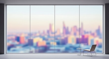 Serene urban vista from minimalist interior with cityscape visible through large windows