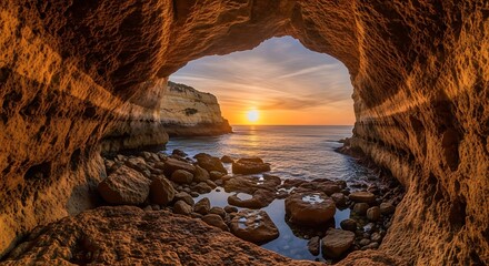 Beautiful sunset view from inside a sea cave with rocks and calm water