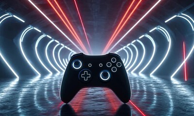 Gamepad sits on a wet surface in a tunnel lit with neon red and white lights - Powered by Adobe