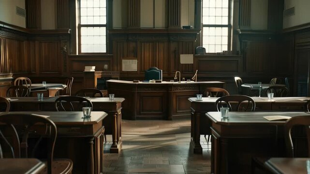 Classic courtroom interior with rich wood paneling. Rows desks, each with chairs, face elevated judge's bench. Windows provide daylight. empty space for justice to be served.
