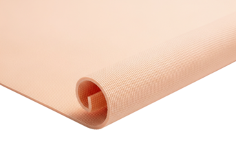 Partially unrolled peach yoga mat with a textured surface, an isolated workout equipment on a white and transparent background for exercise and fitness concepts