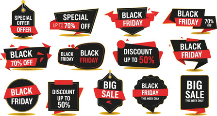 Vector art of black friday sale tags and labels set isolated on a yellow background