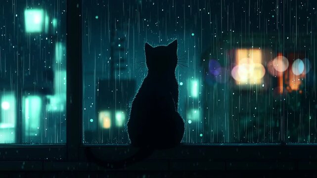 Silhouette of Black Cat Watching Rainy City Night
