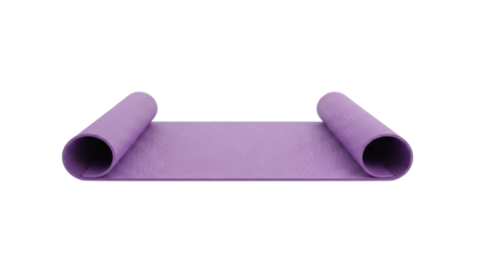 Partially unrolled lavender yoga mat, an isolated workout equipment on a white and transparent background for exercise and fitness concepts