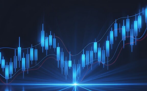 Glowing blue financial chart with upward trend and light rays finance graph