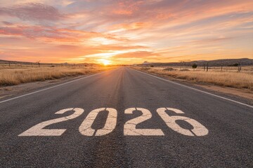 The Road to 2026: An Asphalt Journey Towards the Future with Optimistic Sunset Views