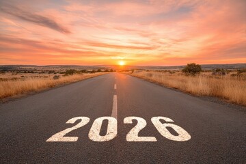 Path to 2026: A road stretching towards the horizon bathed in the warm glow of an early morning sunrise.