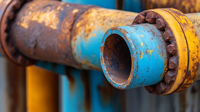 A decaying factory interior with oversized steel pipes and rusting metal beams, telling stories of past production days.

