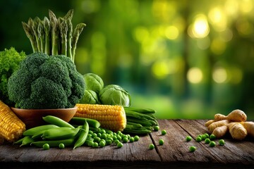 Freshly harvested vegetables arranged beautifully on a rustic wooden table in a vibrant green garden during golden hour