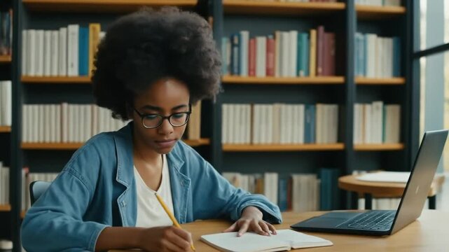 Black girl in university library using laptop, writing notes for papers, essays, and studying for class assignments. College student studying and cramming for college exams. 4k video