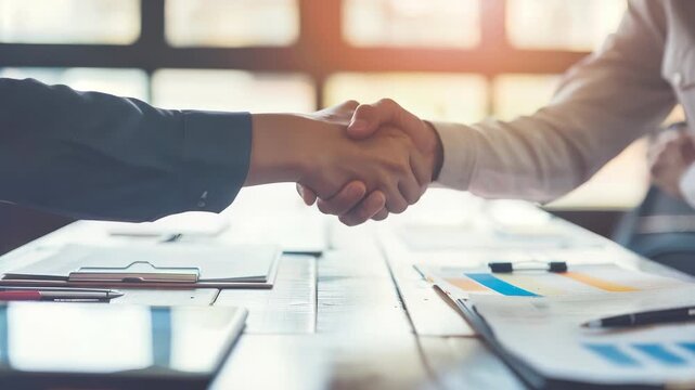 Two business associates seal deal with handshake over wooden table scattered with financial documents, digital devices. warm light creates sense achievement, collaboration.
