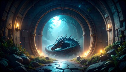 Dragon in a mystical tunnel