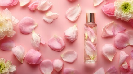 Brightly Colored Flower Petals Surround a Clear Bottle Containing Floral Fragrance on a Soft Pink Background