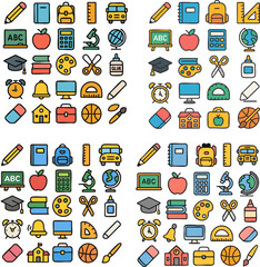 Colorful School Supplies and Education Icons Seamless Pattern.