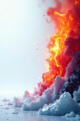 White backdrop with sharp ice shards contrasted by vibrant orange and red flames , burning, high resolution, cool