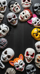 Collection of halloween masks bordering a black background