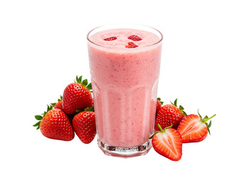 Glass of fresh strawberry milkshake, smoothie and fresh strawberries isolated on white or transparent background. PNG