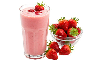 Glass of fresh strawberry milkshake, smoothie and fresh strawberries isolated on white or transparent background. PNG