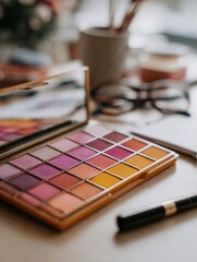 Makeup Palette With Vibrant Shades and Tools Arranged on a Wooden Table in a Bright Room During the Daytime