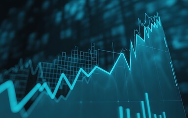 Vibrant cyan financial graph rising upwards with data visualization finance