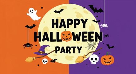Cute Halloween Party Graphic with Moon and Decorations. Halloween Background Vector