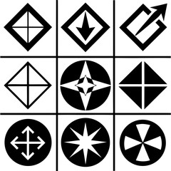 Set of nine black and white geometric and directional arrow icons abstract symbol