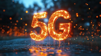 luminescent 5g network symbol radiating vibrant energy symbolizing high-speed connectivity on a reflective surface with a blurred background suggesting technological advancement