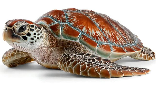 Detailed close-up of a sea turtle, showcasing its intricate shell patterns and textures against a stark white backdrop