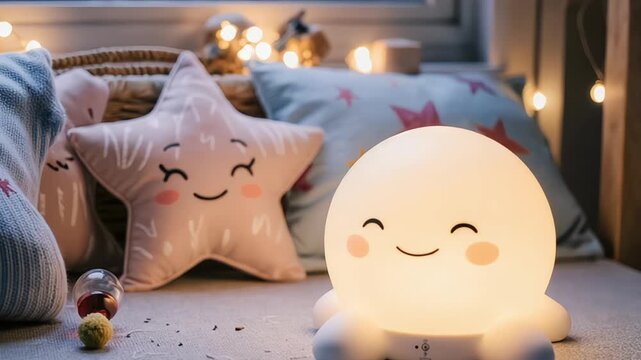 Adorable octopus shaped night light illuminates a cozy kids bedroom scene at night