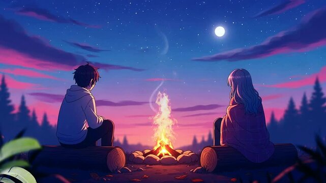 Romantic Couple by Campfire Under Starlit Night Sky