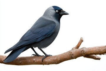 Obraz premium Striking black bird perched gracefully on a slender branch against a soft white backdrop