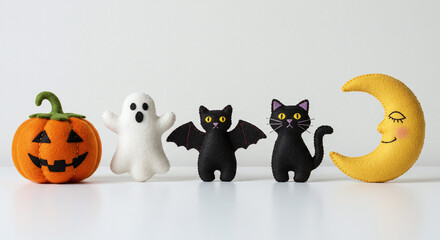 Halloween decorations featuring a pumpkin ghost bat black cat and crescent moon on a white surface