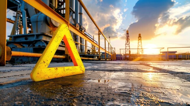 Yellow triangle alert icon on industrial background, security and hazard concept with warning emphasis