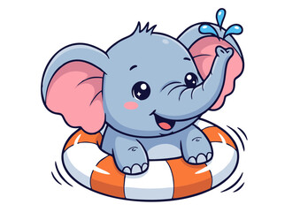 Fototapeta premium A cute and playful baby elephant cartoon character splashing water while floating on a swim ring. Adorable animal enjoying summer swimming fun.