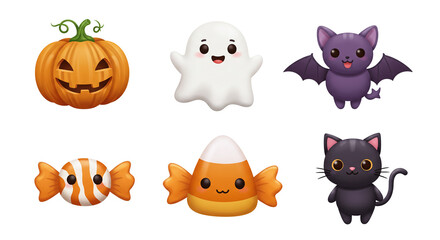 Fototapeta premium Cartoon halloween icons featuring a pumpkin, ghost, bat, candies, and a black cat on white background