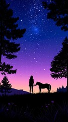 Silhouetted woman and horse under a starry night sky