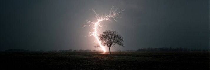 Obraz premium Stormy Night Illuminates Lone Tree With Powerful Lightning Strike in Rural Landscape