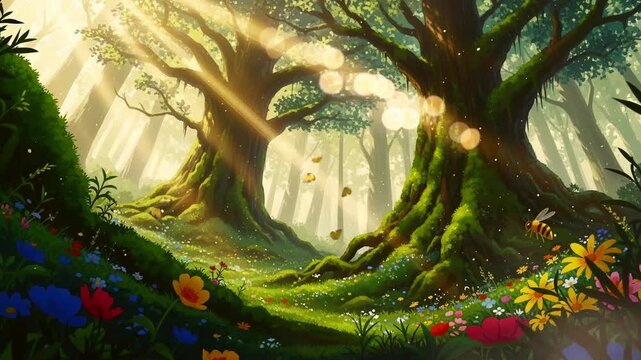 Sunlit Forest Scene With Mossy Trees And Colorful Flowers