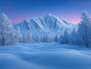 Obraz premium Snowy mountain landscape with frosted trees at dusk.