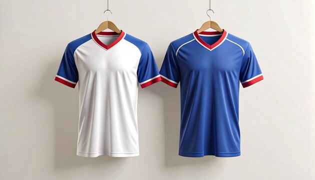 Blank blue and white football jerseys hanging on hangers as a team kit mockup