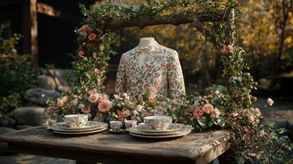 Floral suit on display with tea set outdoors.