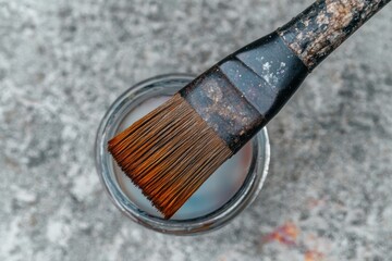 Artistic paintbrush rests on glass jar of water.