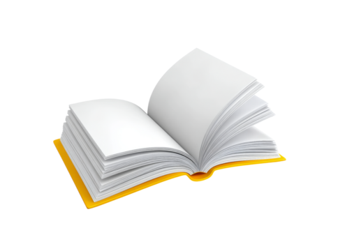 Open book with blank pages yellow cover isolated background, Isolated On White, Transparent Background, Png Cut Out
