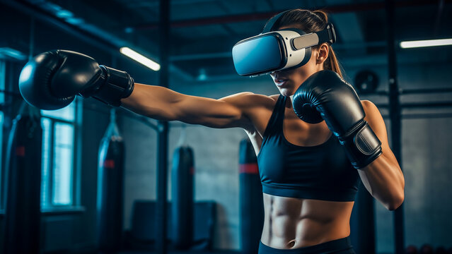 VR sport boxing training with intense punch motion in gym, immersive and realistic.