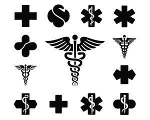 A clean vector style graphic design showing a set of medical and healthcare symbols. Includes the caduceus, rod of asclepius, and star of life icons.