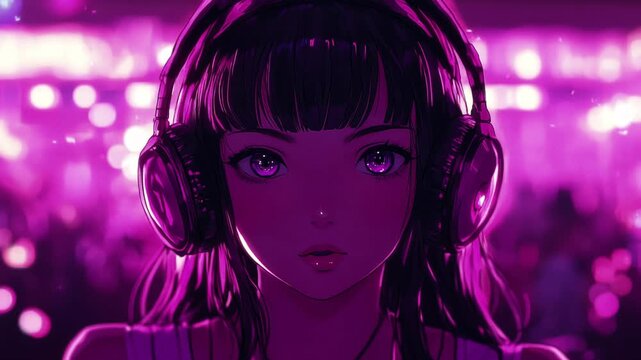 Anime Girl in Purple Headphones at Concert