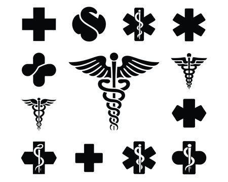 Medical healthcare symbols vector set, clean graphic design featuring caduceus rod of asclepius and star of life icons for healthcare emergency and hospital branding.