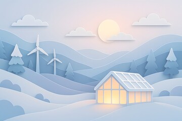 Snowy greenhouse illuminated from within under a pastel winter sunrise in layered paper cutout illustration with cool blue tones for environmental concept design