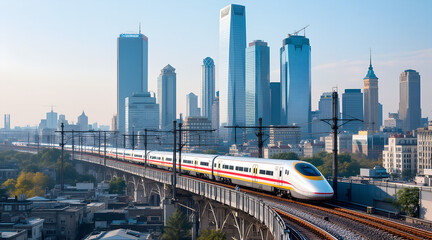 Fototapeta premium Modern high speed train traveling on elevated tracks with a sprawling city skyline in the background