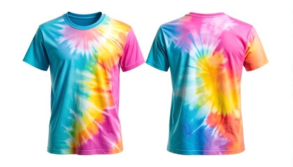 Bright and colorful tie-dye t-shirt with a spiral pattern, shown from the front and back view